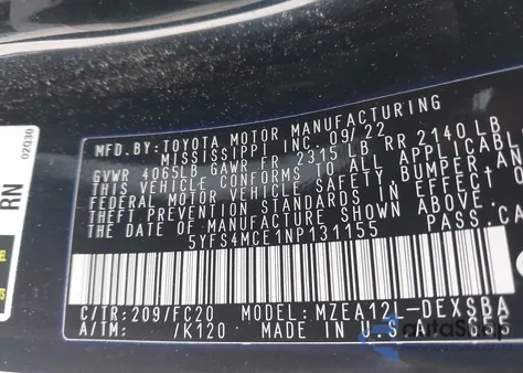 2022 Toyota Corolla Se from USA, damaged, VIN 5YFS4MCE1NP131155